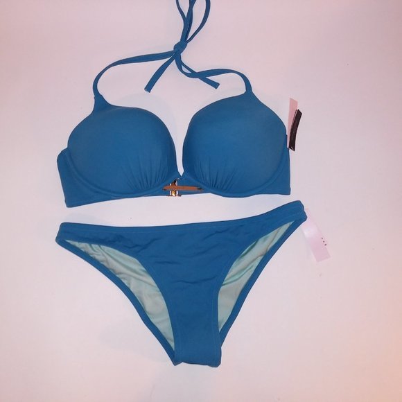 Victoria Secret Swim Bikini 38C Top Large Bottom Solid Blue Bombshell Push Up Ad - Picture 3 of 9